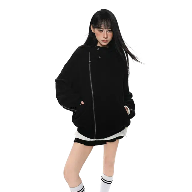 一碗士多 双拉链纯色不规则潮流设计感连帽开衫解构重磅宽松美式复古痞帅百搭日常松弛感穿搭通勤卫衣 男女同款