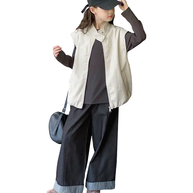 帕兰朵 休闲运动套装 女童皮马甲针织打底牛仔裤三件套 青少年