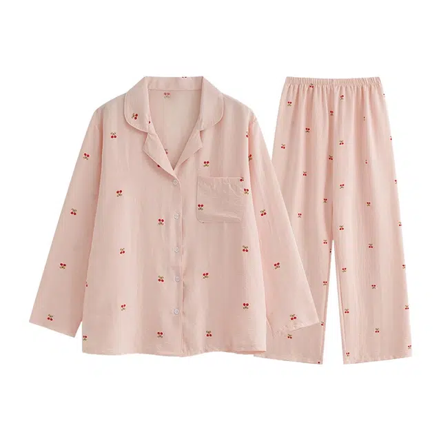 橡柠派 甜美可爱女学院风小樱桃长袖长裤舒适亲肤柔软开衫大码宽松宿舍家居服睡衣套装 女款