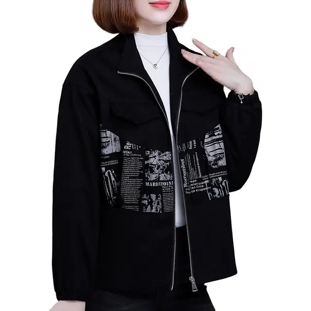 缪斯的诱惑 秋冬时尚个性美式高街风休闲宽松拼接印花时髦洋气百搭短短款软壳衣拉链外套立领保暖夹克 女款