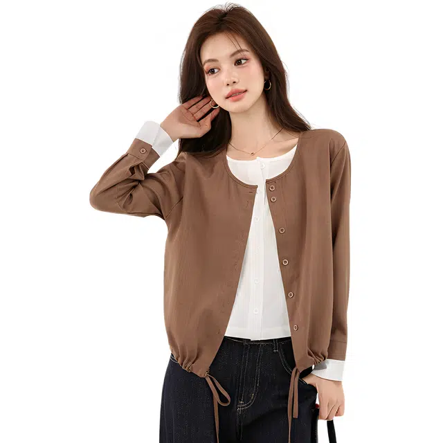 荟萃阁 假两件圆领长袖秋季时尚下摆抽绳百搭开衫上衣衬衫 女款