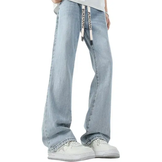 布客行 美式复古废土风水洗直筒修身基础款高街透气舒适亲肤休闲百搭微喇弯刀纯色抽绳弹力长裤牛仔裤 男女同款