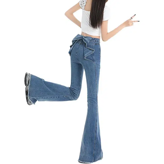 如续 蝴蝶结微喇高腰喇叭裤牛仔裤 女款