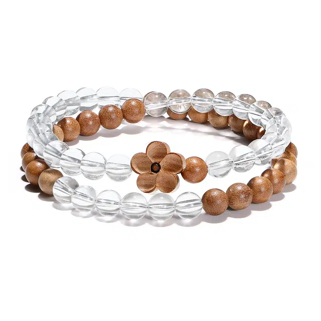 【普陀山官方已过香】 普陀山文创 复古桃花朵朵浪漫优雅心动万年愉悦双圈文玩潮流#好运 桃木 木作手串 男女同款情侣款