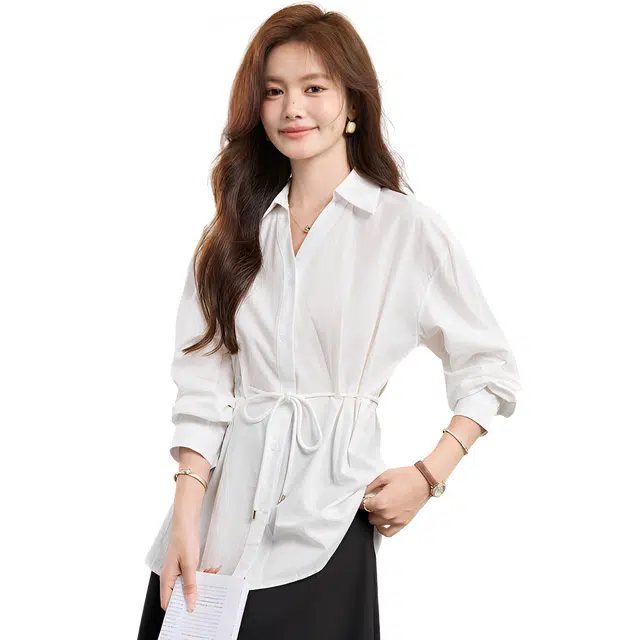 荟萃阁 简约时尚百搭系带宽松泡泡袖收腰法式长袖上衣衬衫 女款