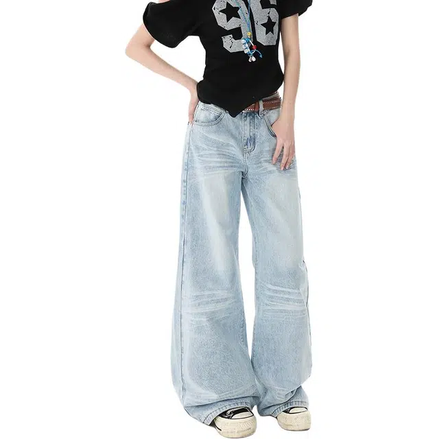 拾个壹先生 浅色阔腿复古水洗高腰宽松显瘦垂感直筒休闲百搭牛仔裤 男女同款