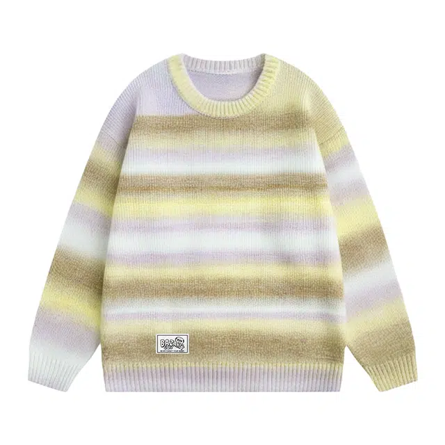 吾皇猫 慵懒风美式时尚条纹拼色撞色学院风无性别主义宽松内搭打底衫套头圆领舒适透气加厚保暖秋冬季针织休闲毛衣 男女同款