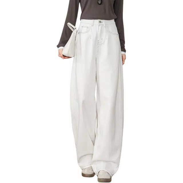 惟熙 拼接侧缝高腰拖地长裤牛仔裤 女款