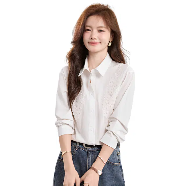 荟萃阁 法式气质纯色翻领刺绣亮片长袖女上衣开衫衬衫 女款