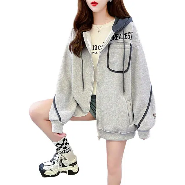 木清清 秋冬款华夫格外套加绒加厚中长款拉链刺绣字母女士潮品撞色卫衣 女款