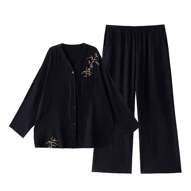 俏薇妮 舒适春秋款纯棉纱布婴儿棉带胸垫一体长袖家居服睡衣套装 女款