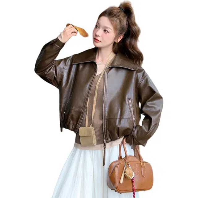 稻草人 美式复古休闲时尚大翻领设计感夹克皮衣外套 女款