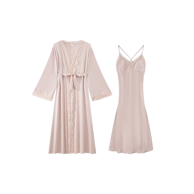 潞优野 高级感性感蕾丝舒适简约冰丝吊带睡裙睡袍两件套春秋季睡衣套装 女款