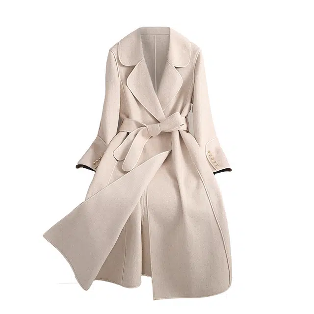 比利斯山羊 纯羊毛翻领包边工艺系带收腰简约通用双面呢大衣 女款