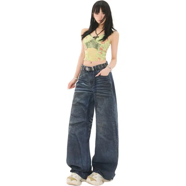 拾个壹先生 美式阔腿薄款复古高腰宽松直筒压皱休闲百搭拖地牛仔裤 男女同款