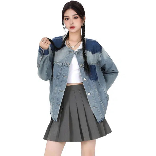 邓大喵 韩系街头个性拼色女秋季设计感小众宽松显瘦夹克上衣牛仔外套 女款