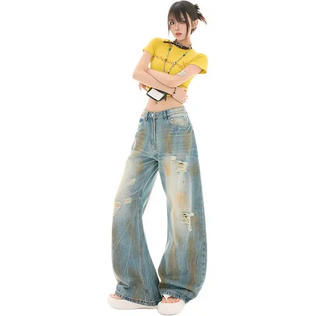 拾个壹先生 美式复古街头做旧脏染废土风阔腿弯刀宽松拖地牛仔裤 男女同款