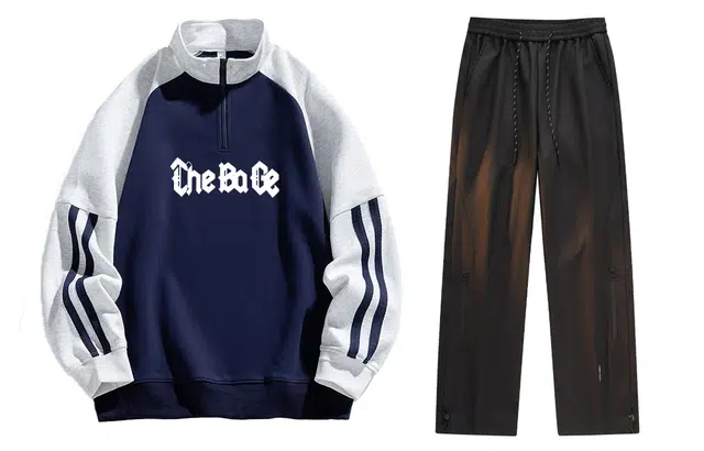 八哥 美式秋冬复古学院风品牌字母印花拼色撞色立领拉链设计基础款卫衣个性时尚防风宽松百搭抽绳裤子休闲运动套装 男女同款