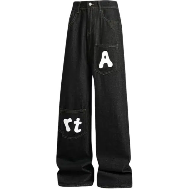 爱肯 美式复古高街基础款做旧水洗拼接多口袋趣味卡通可爱字母印花小众设计高级感休闲宽松运动裤百搭潮流痞帅直筒阔腿牛仔裤 男女同款