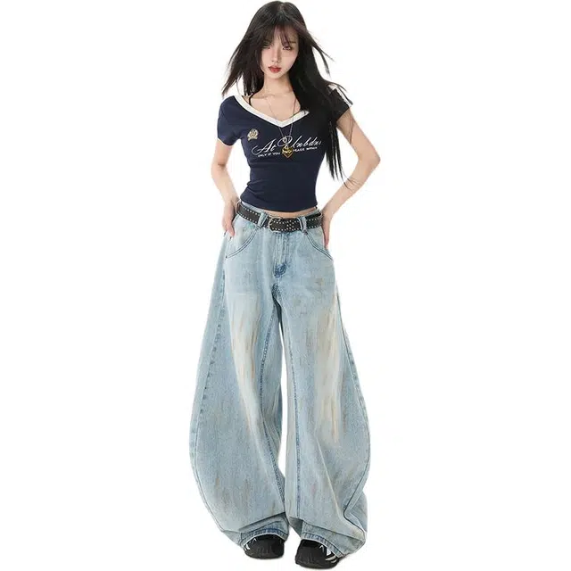 拾个壹先生 美式浅色复古弯刀阔腿高腰显瘦镰刀香蕉牛仔裤 男女同款