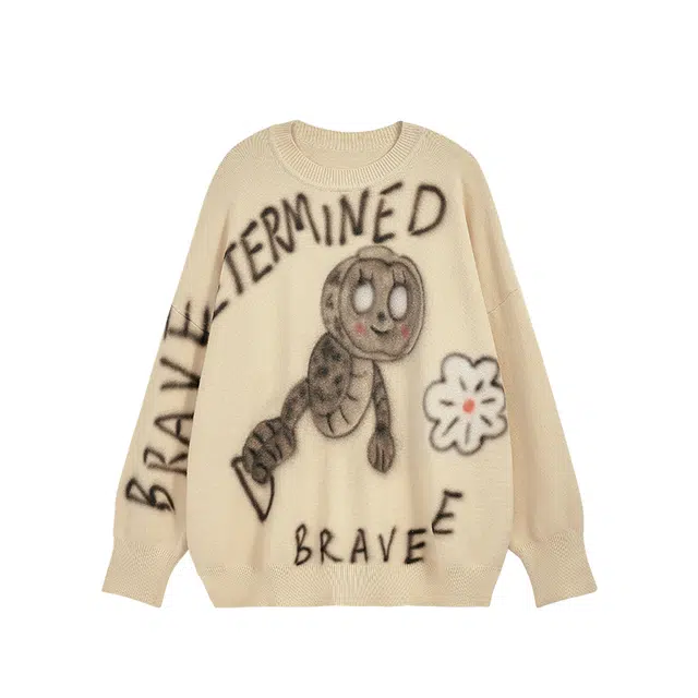 艾梵斯贝 美式复古潮流卡通毛毛虫喷绘毛衣高级感无性别日常通勤百搭质感法师慵懒风潮牌宽松休闲圆领卫衣 男女同款