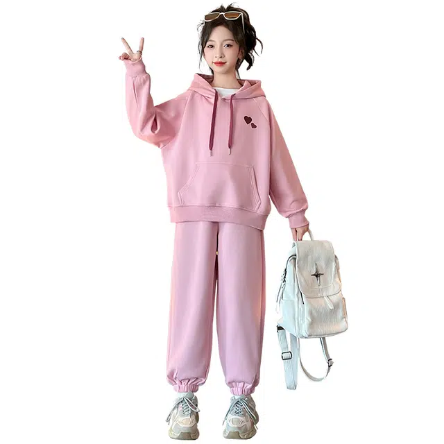 蓝彩何休闲运动套装 春秋款季童连帽装女童卫衣卫裤中大童洋气儿衣服装 两件装 青少年