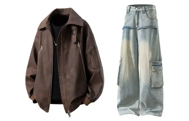 梓润格 扎染做旧面料双拉链大口袋设计感皮衣夹克外套复古水洗工艺痞帅情侣长裤潮咖时尚个性直筒牛仔裤休闲运动套装 男女同款