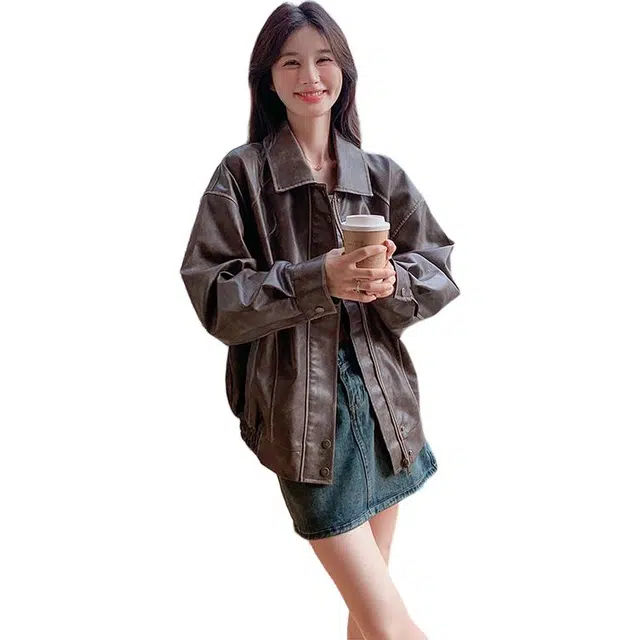 稻草人 美式复古炸街流行夹克皮衣外套 女款