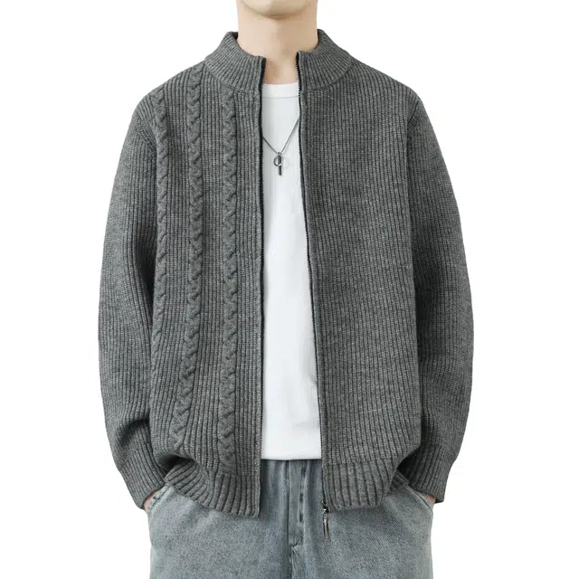 北欧攻略 美式高街复古立领休闲上衣外套简约基础款纯色重磅半高领长袖拉链开衫百搭潮流螺纹收口慵懒风高级感针织衫 男女同款