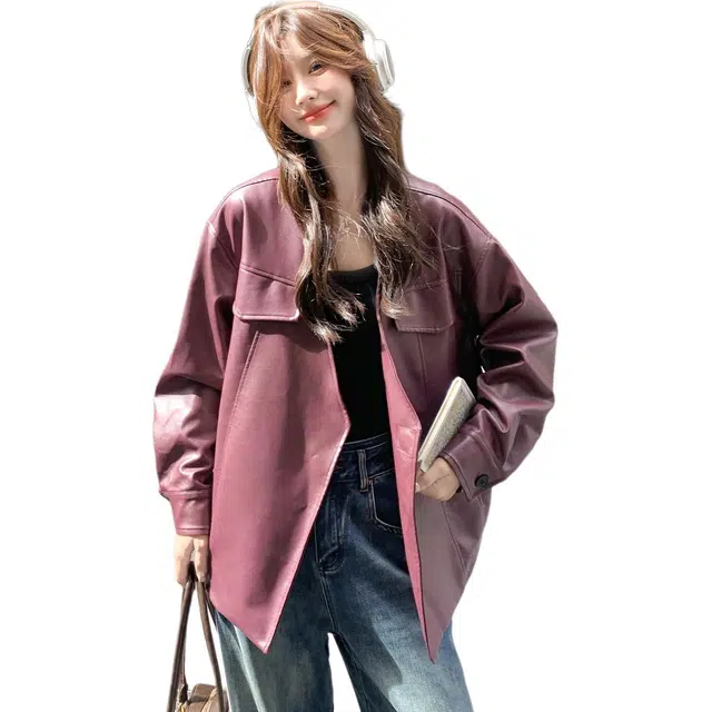 稻草人 慵懒松弛感开衫式设计夹克皮衣外套 女款
