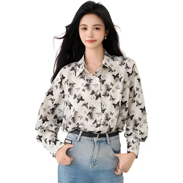 荟萃阁 蝴蝶印花设计感小众宽松复古雪纺衫长袖上衣衬衫 女款