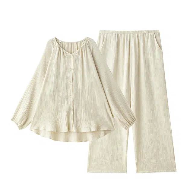 俏薇妮 春秋款纯棉纱布婴儿棉带胸垫一体大码长袖家居服睡衣套装 女款