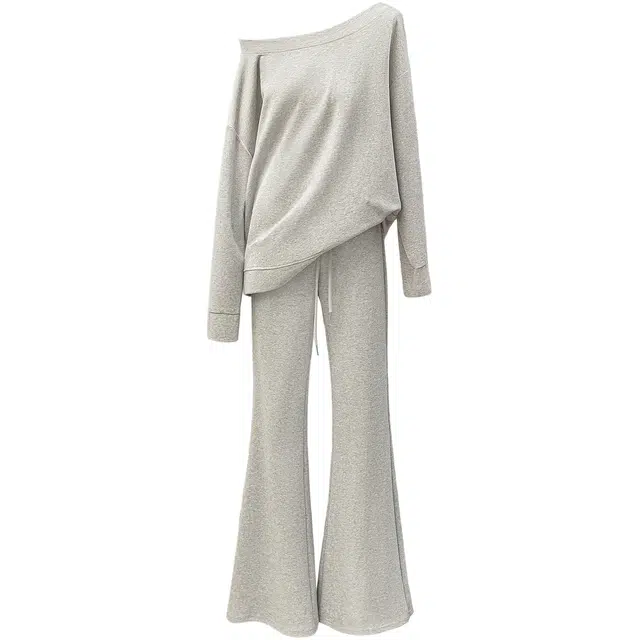 丝柏舍 落肩长袖宽松款上衣搭松紧腰长款喇叭裤简约运动风两件套休闲套装 女款