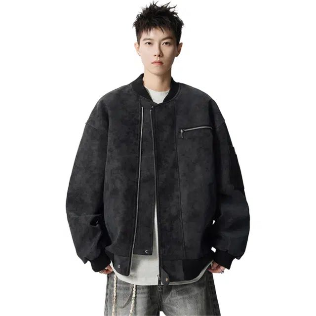 冈哉 美式复古水洗美拉德皮棒球领巴恩风个性潮流潮牌时尚慵懒感下摆松紧日常通勤柔软舒适亲肤夹克 男女同款