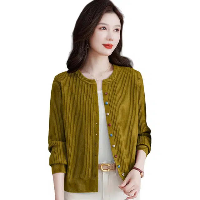 袋鼠 休闲简约短款时尚百搭宽松圆领纯色质感舒适单排扣针织衫 女款