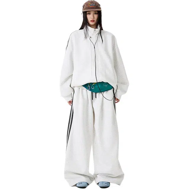 行更远 美式立领撞色条纹织带开衫百搭舒适亲肤阔腿卫裤两件套小众设计感高级感学院风慵懒松弛感休闲运动卫衣套装 男女同款