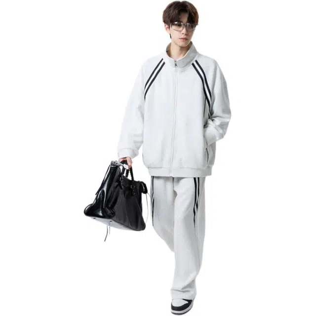 冈哉 翻领双条杠拉链长袖简约基础款宽松松弛慵懒感个性学院风日常通勤舒适通用卫衣套装 男女同款