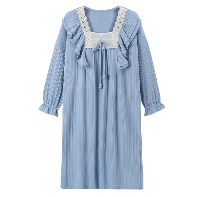 顶瓜瓜 带胸垫家居亲肤简约透气舒适长袖方领服睡裙 女款