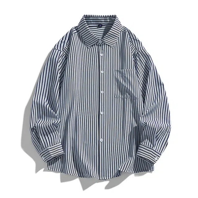 协协乐 条纹男长袖春秋季高街感痞帅日系冰丝衬衣外套青少年设计小众款衬衫 男款