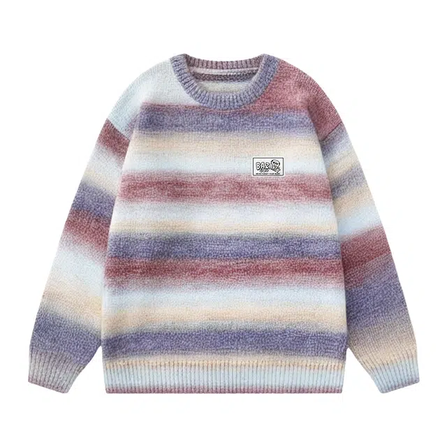 吾皇猫 慵懒风时尚幻彩条纹拼色美式复古学院风无性别主义宽松内搭打底衫套头圆领落肩舒适透气加厚保暖秋冬季休闲针织衫 男女同款