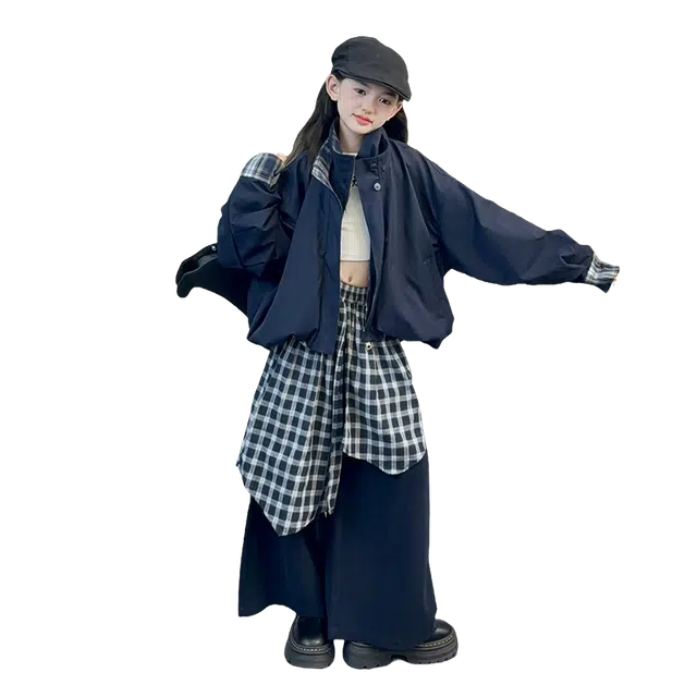 帕兰朵 休闲运动套装 洋气韩版时尚百搭双门襟外套格子屁帘裤 青少年