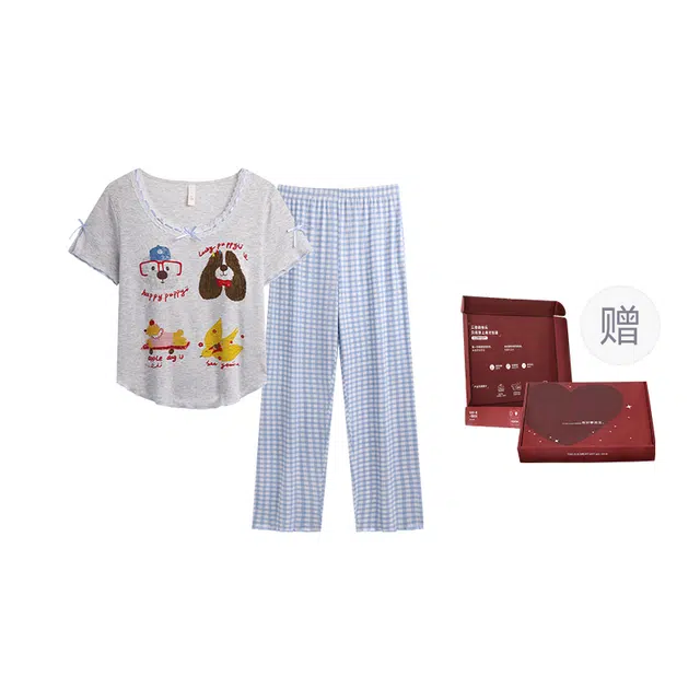 顶瓜瓜 轻盈舒适简约短袖长裤家居服睡衣礼盒 女款