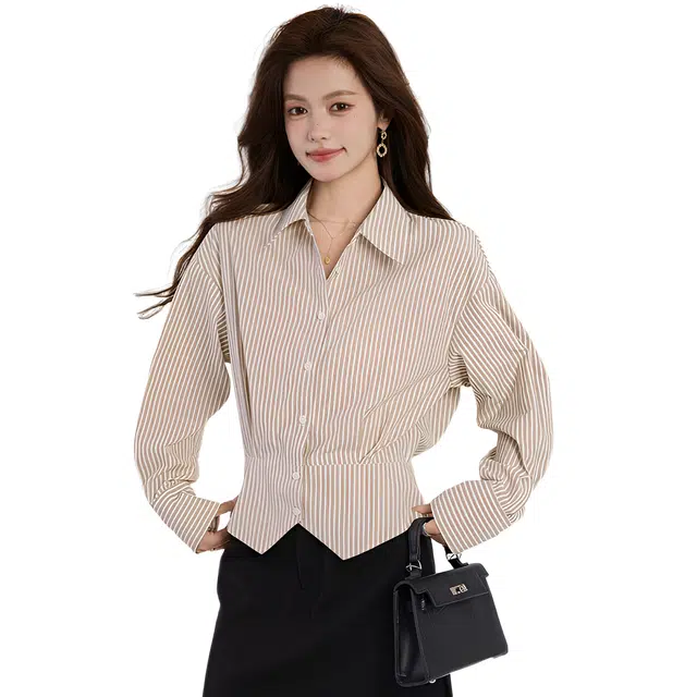 荟萃阁 百搭收腰条纹女士职业通勤开叉设计感上衣衬衫 女款