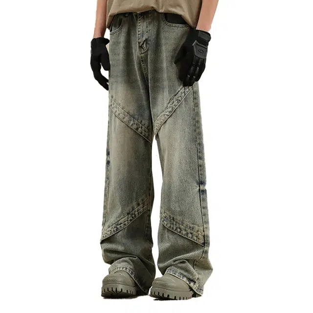 艾梵斯贝 美式复古潮流拼接解构小众设计感无性别日常通勤百搭街舞休闲时尚嘻哈街头高街风个性潮酷拖地直筒牛仔裤 男女同款