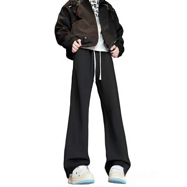 【巴黎柳叶弯刀裤】布客行 美式复古水洗直筒基础款高街舒适亲肤透气休闲百搭微喇纯色长裤显高显瘦显腿长弹力抽绳松紧腰牛仔裤 男女同款