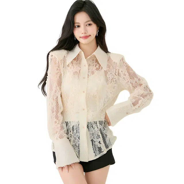 荟萃阁 设计感法式蕾丝喇叭长袖薄款气质中长款小衫衬衫 女款