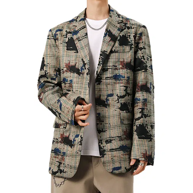 艾梵斯贝 美式复古潮流满印涂鸦印花简约个性设计款高级感日常通勤百搭高街风潮牌宽松休闲时尚质感外套西装 男款