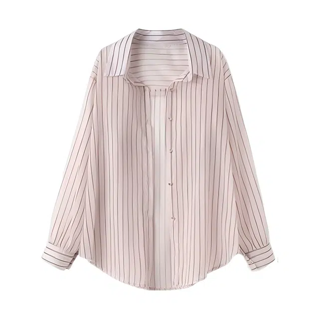 荟萃阁 休闲条纹百搭翻领外套女宽松松弛感上衣开衫衬衫 女款