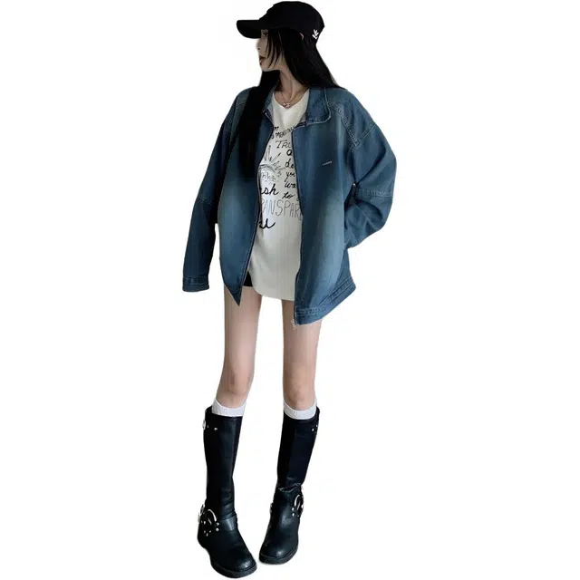 邓大喵 美式复古水洗做旧拉链男女春秋街头宽松休闲小众牛仔外套 女款