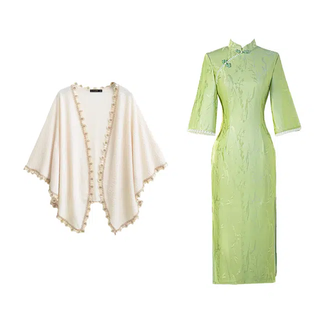 敲模女孩 新中式国风复古盘扣暗纹设计感气质修身长袖连衣裙搭针织披肩裙装套装 女款